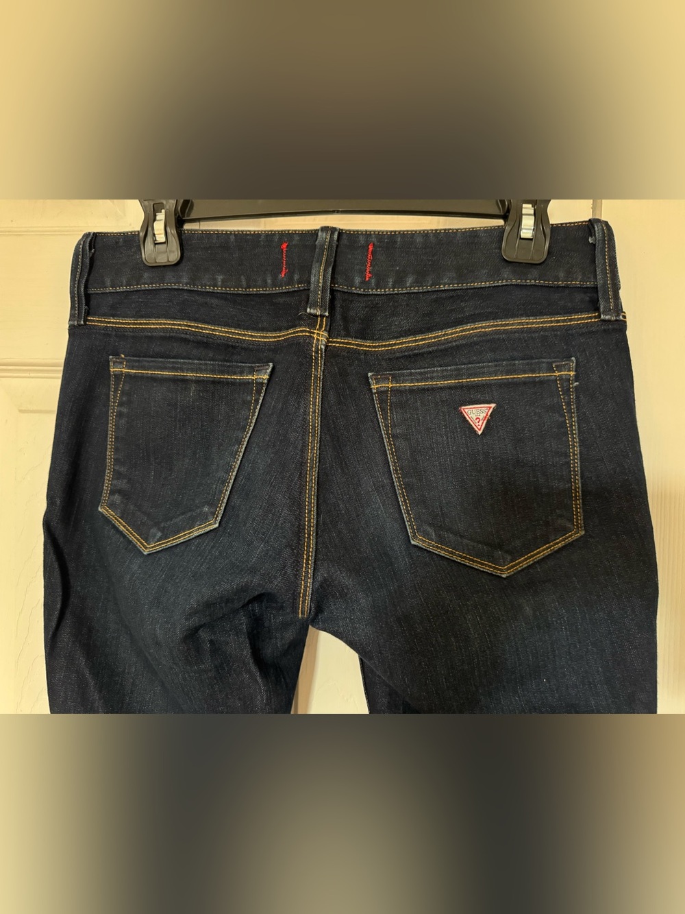 Guess Women's Dark Blue Boot Cut Jeans with Red Logo Accent